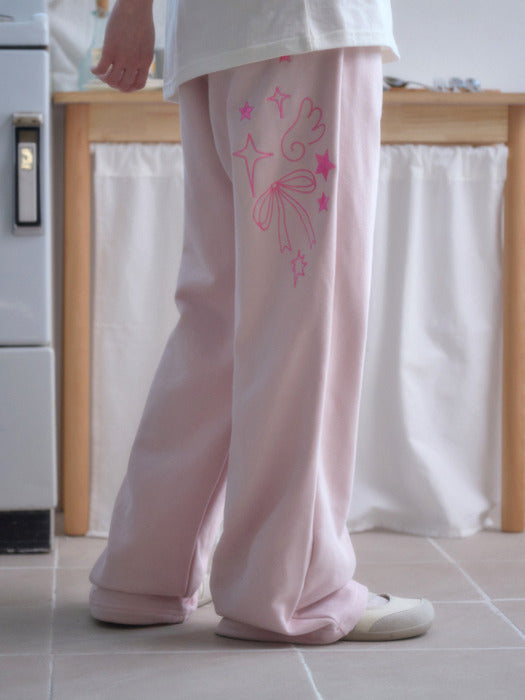 Ambler Angel And Ribbon One-tuck 2-Way Wide Sweat Pants (Pink)