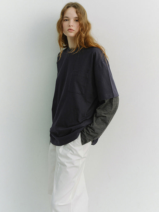 Dunst Unisex Layered Set-UP T-Shirt Navy Black Stripe