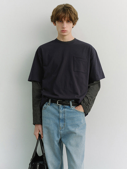 Dunst Unisex Layered Set-UP T-Shirt Navy Black Stripe