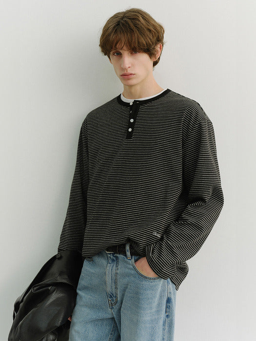 Dunst Unisex Henley-Neck T-Shirt Black Stripe