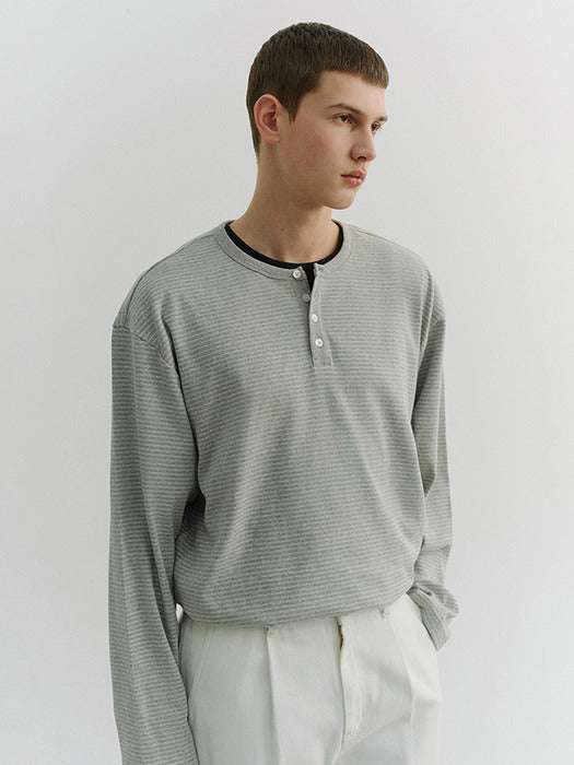 Dunst Unisex Henley-Neck T-Shirt Grey Stripe