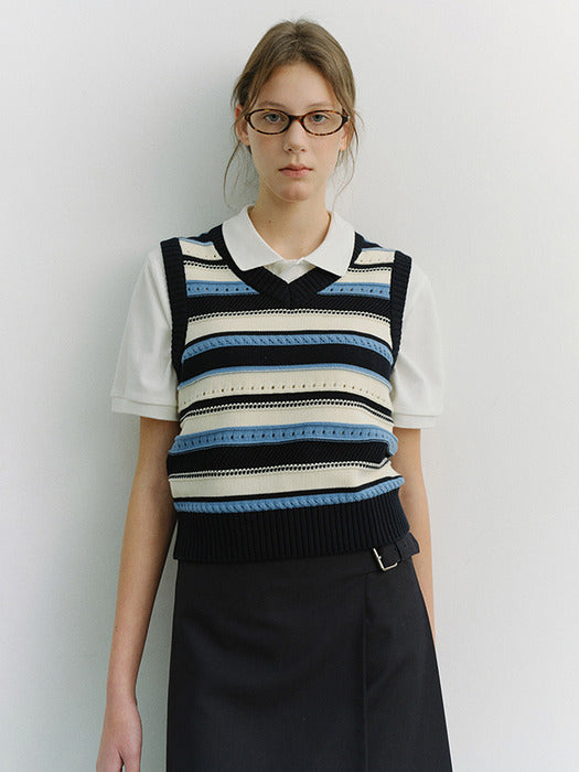 Dunst Unisex Crafted Striped Knit Vest Navy Cream