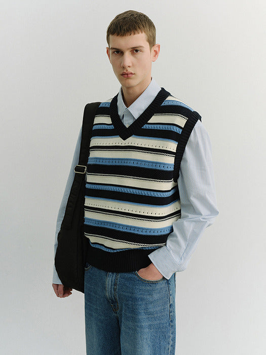 Dunst Unisex Crafted Striped Knit Vest Navy Cream