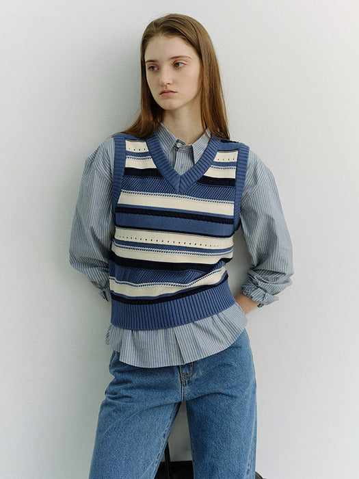 Dunst Unisex Crafted Striped Knit Vest Blue Cream