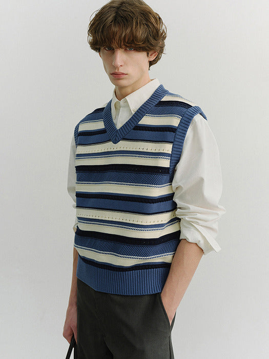 Dunst Unisex Crafted Striped Knit Vest Blue Cream