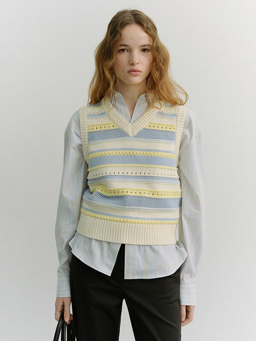 Dunst Unisex Crafted Striped Knit Vest Cream Soft Blue
