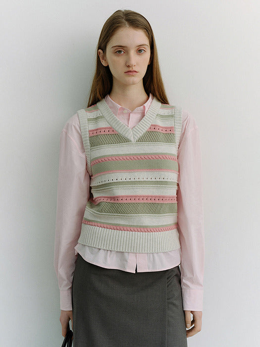 [dunst] UNISEX CRAFTED STRIPED KNIT VEST IVORY MINT_UDSW6B123IV