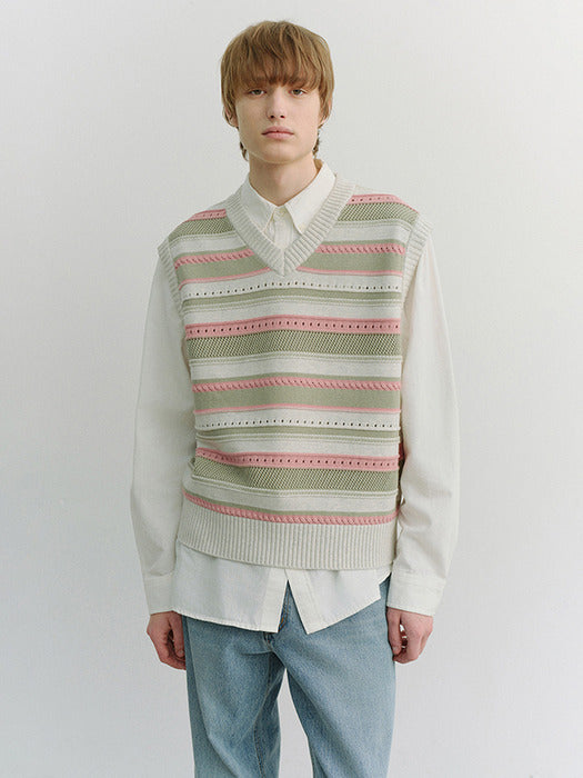 [dunst] UNISEX CRAFTED STRIPED KNIT VEST IVORY MINT_UDSW6B123IV