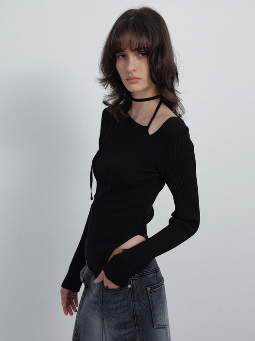 Raive Unbalance Strap Ribbed Knit Top