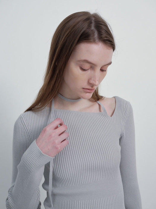 Raive Unbalance Strap Ribbed Knit Top