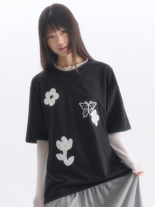 Ambler See-Through Flower Applique T-Shirts (Black)