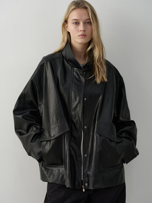 Facade Pattern High-Neck Leather Jacket black