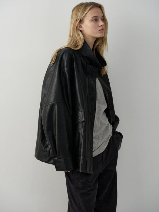Facade Pattern High-Neck Leather Jacket black