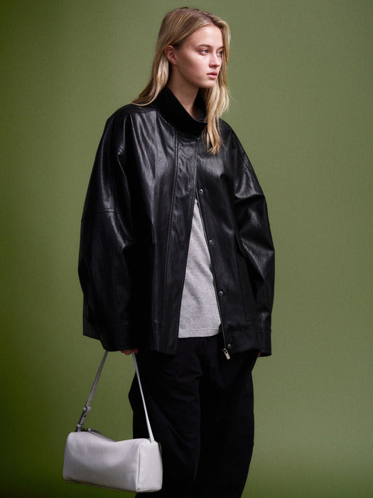 Facade Pattern High-Neck Leather Jacket black