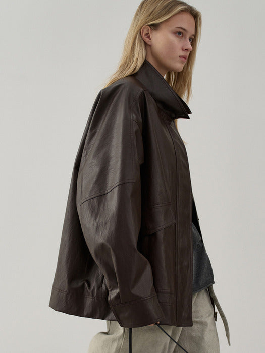 Facade Pattern High-Neck Leather Jacket brown