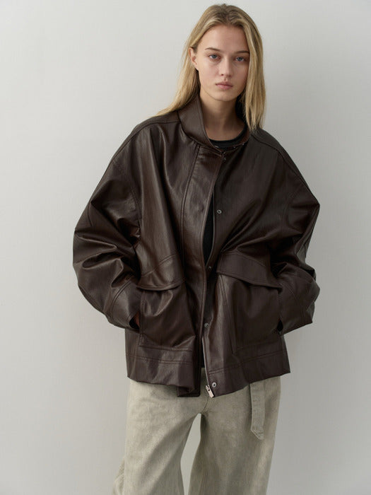 Facade Pattern High-Neck Leather Jacket brown