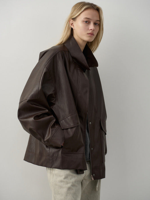 Facade Pattern High-Neck Leather Jacket brown