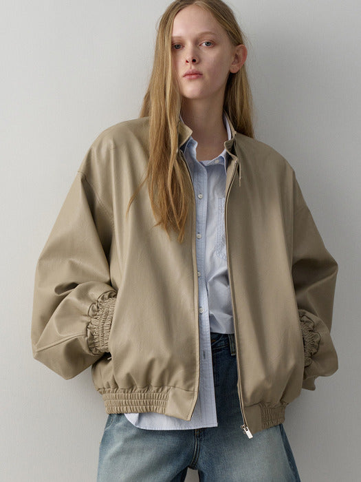 Facade Pattern Stand Collar Leather Blue olive beige