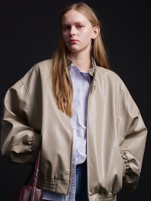 Facade Pattern Stand Collar Leather Blue olive beige