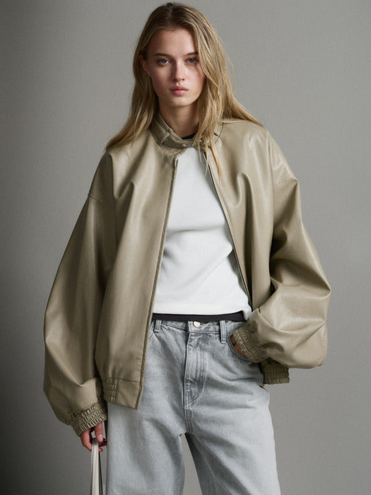 Facade Pattern Stand Collar Leather Blue olive beige