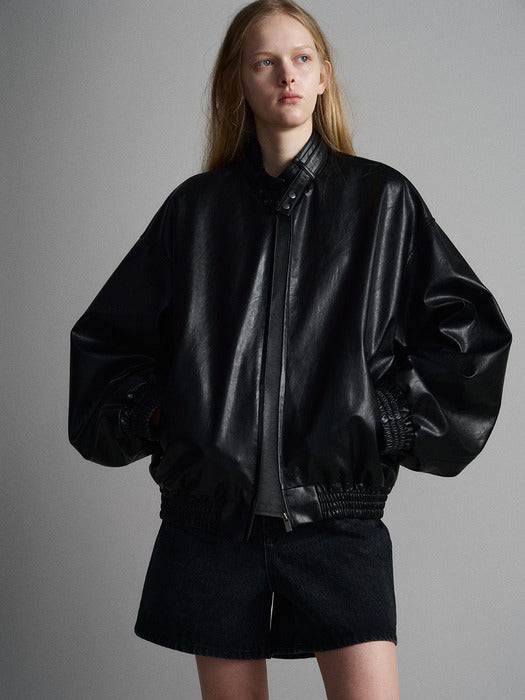 [facade pattern] Stand Collar Leather Blue_black