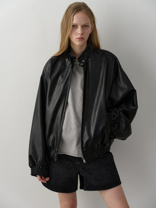 [facade pattern] Stand Collar Leather Blue_black