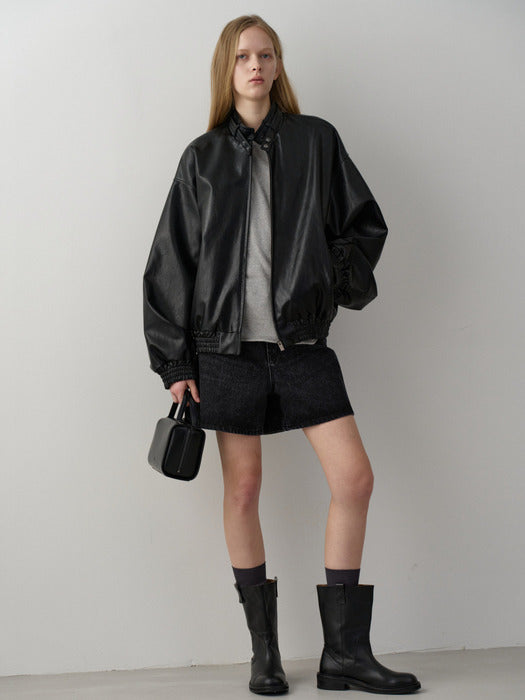 [facade pattern] Stand Collar Leather Blue_black