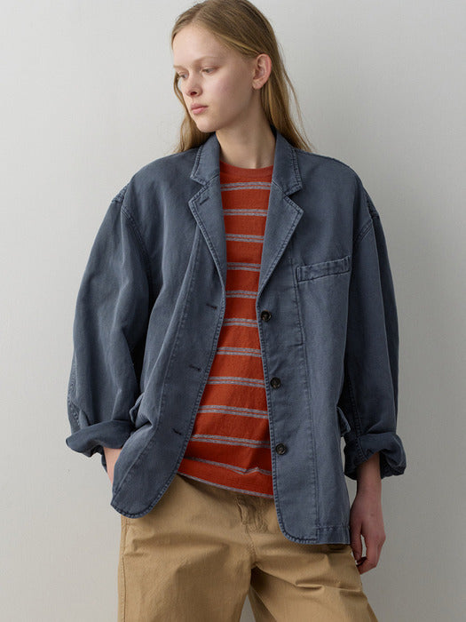 Facade Pattern Linen Curved Sleeve Blazer ash blue
