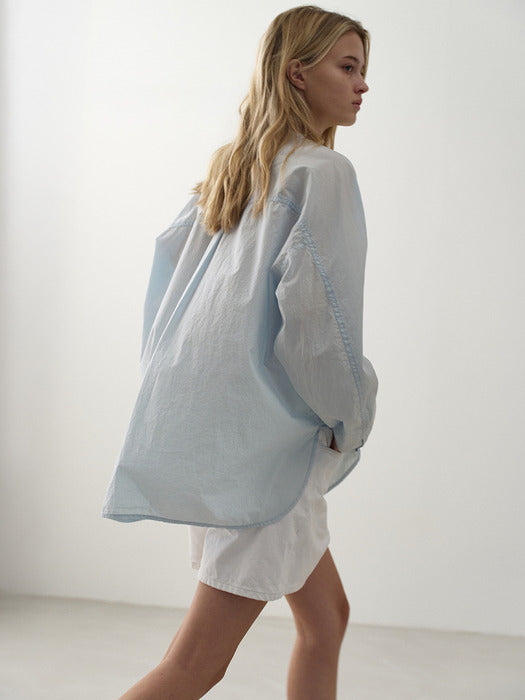 Facade Pattern Cotton Band Collar Blouse sky