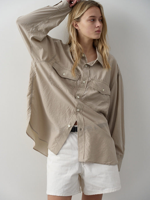 Facade Pattern Oversized Double Pocket Shirt olive beige