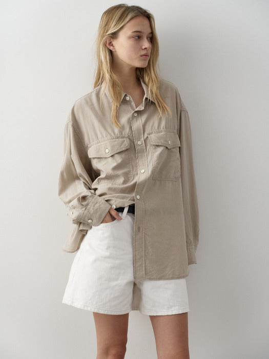 Facade Pattern Oversized Double Pocket Shirt olive beige