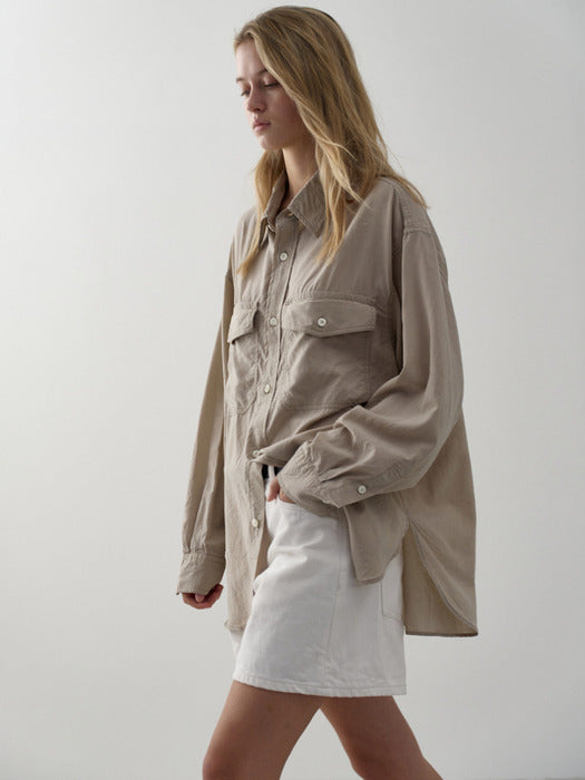 Facade Pattern Oversized Double Pocket Shirt olive beige
