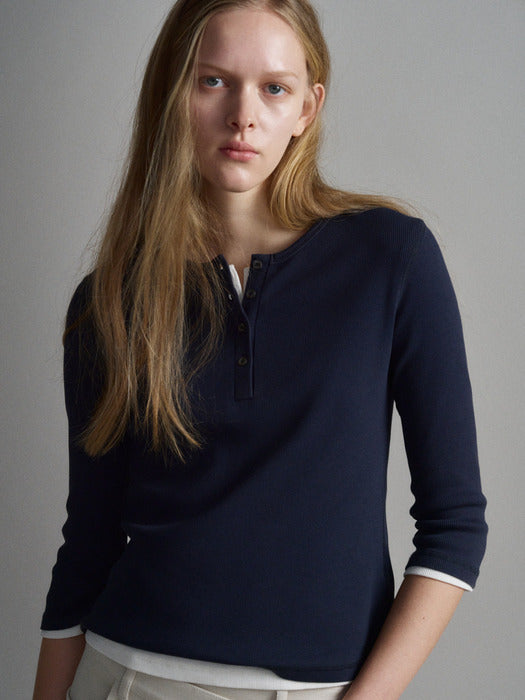 Facade Pattern Henley Neck Rib Mid-sleeve T-shirt