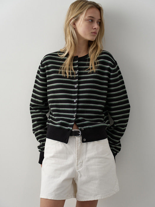 Facade Pattern Cotton Stripe Cardigan black