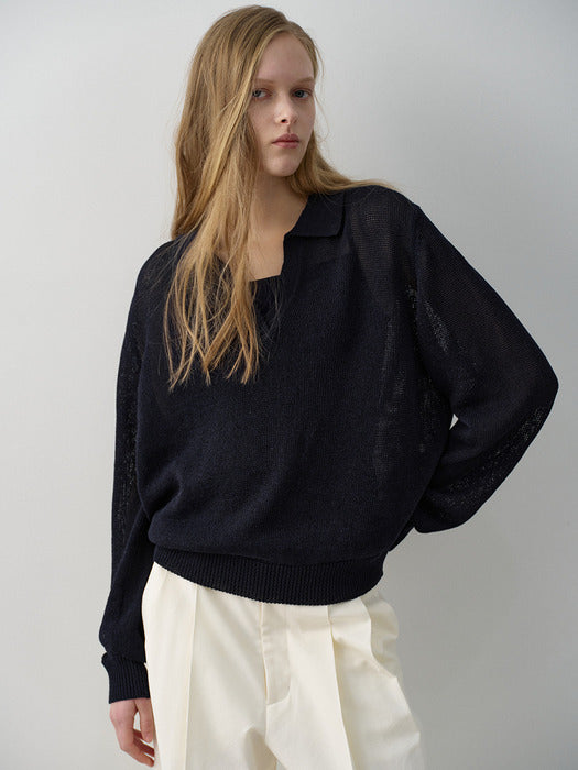 Facade Pattern Paper Open Collar Knitwear dark navy
