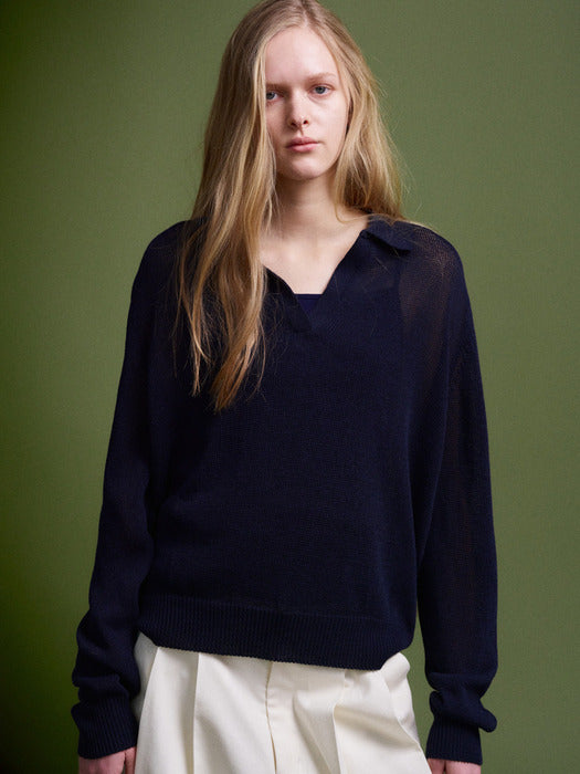 Facade Pattern Paper Open Collar Knitwear dark navy