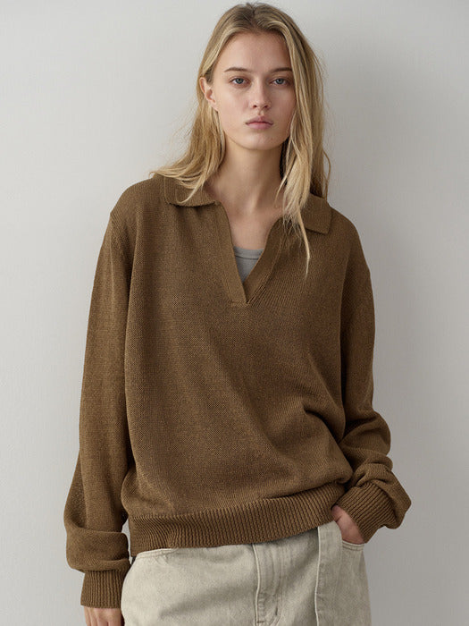 Facade Pattern Paper Open Collar Knitwear khaki brown