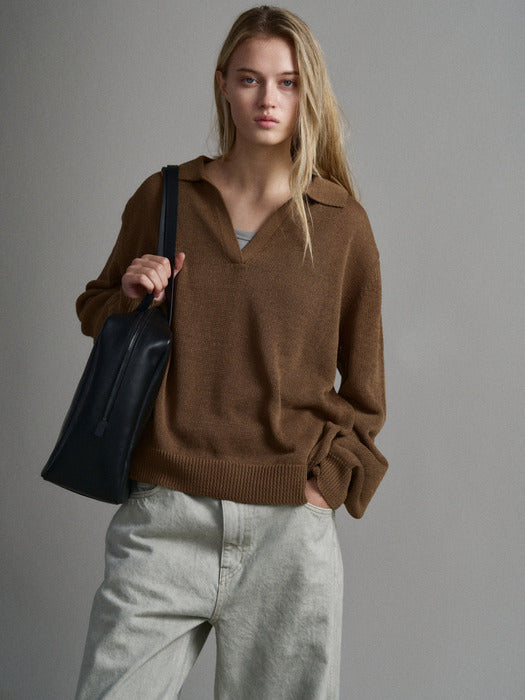 [facade pattern] 페이퍼 오픈 카라 Knitwear_khaki brown