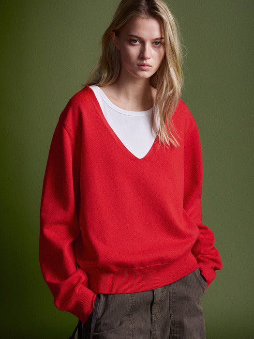 Facade Pattern Deep V-neck Knitwear red