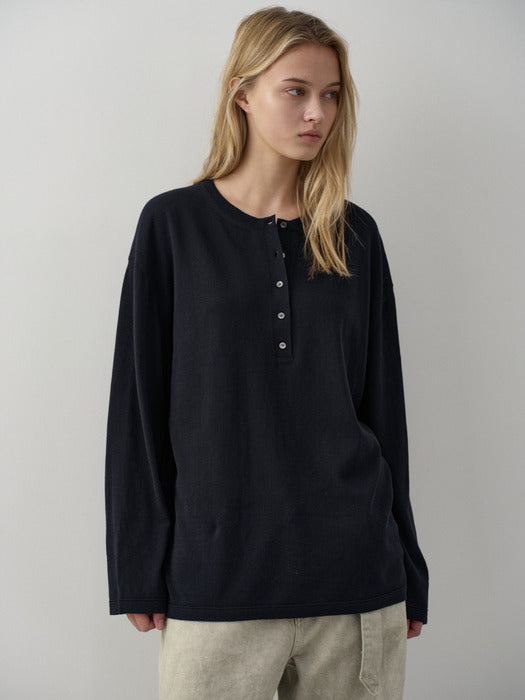 [facade pattern] Cotton Henley Neck Knitwear_navy