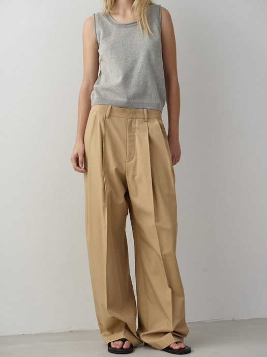 Facade Pattern Cotton Two-Tuck Wide Pants almond beige