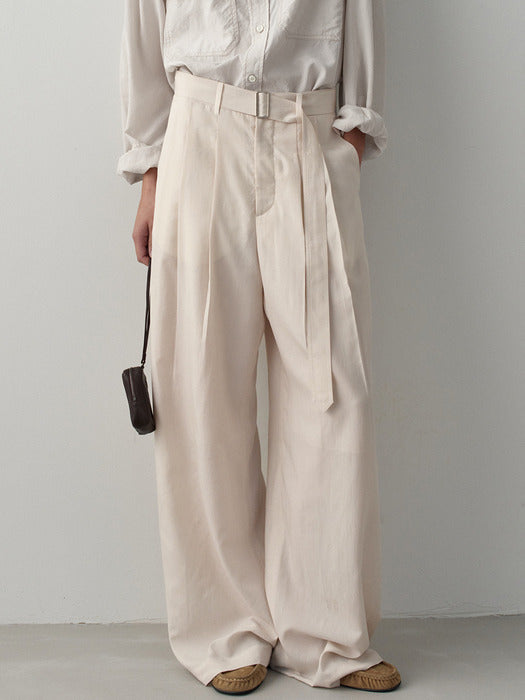 Facade Pattern Belted Two-Tuck Wide Pants cream