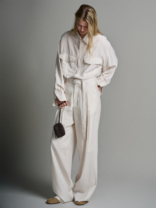 Facade Pattern Belted Two-Tuck Wide Pants cream