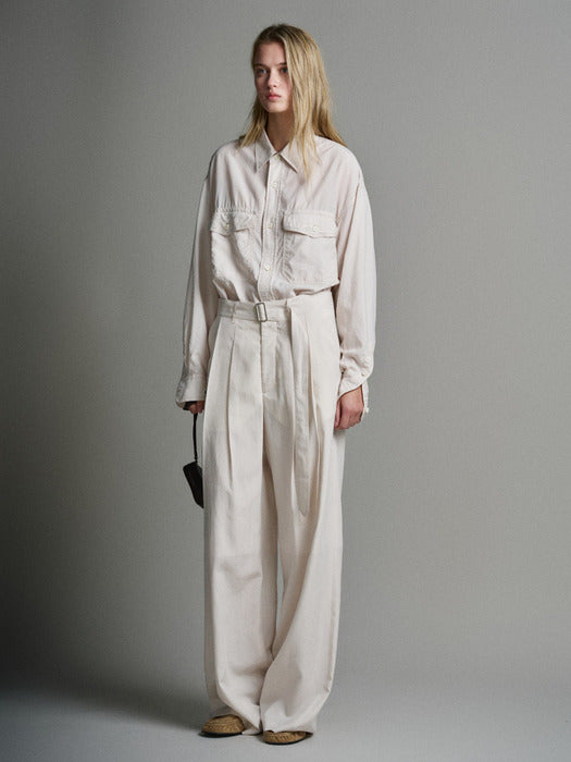 Facade Pattern Belted Two-Tuck Wide Pants cream