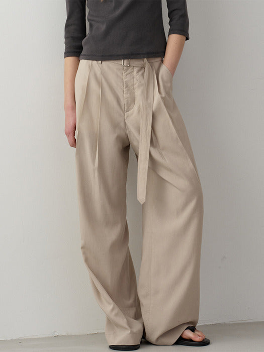 Facade Pattern Belted Two-Tuck Wide Pants olive beige