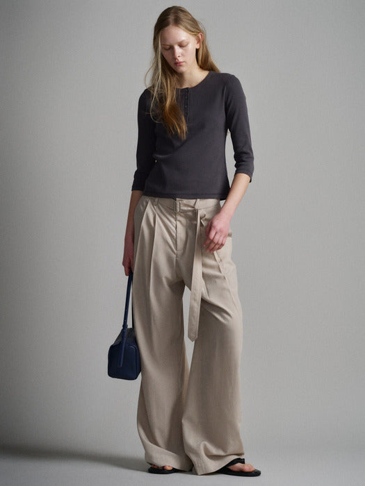 Facade Pattern Belted Two-Tuck Wide Pants olive beige