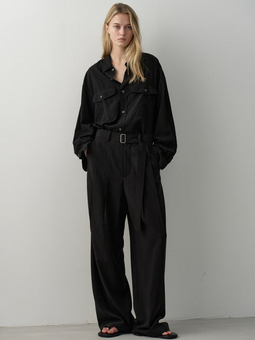 Facade Pattern Belted Two-Tuck Wide Pants black
