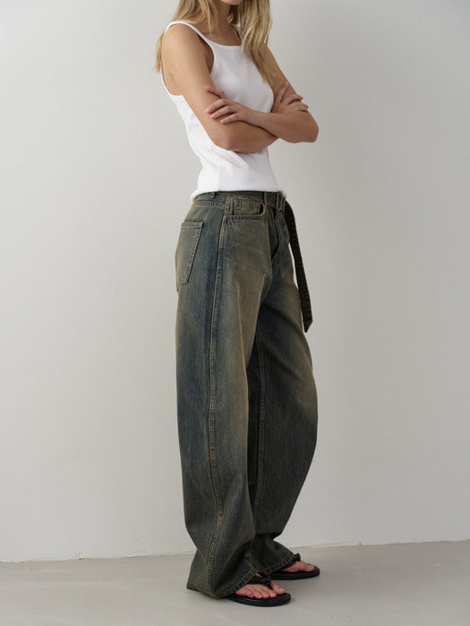 Facade Pattern Belted Round Denim vintage sand