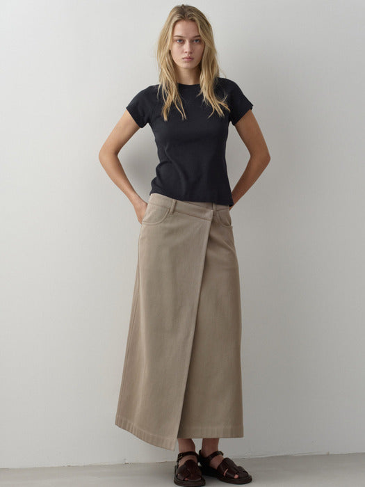 Facade Pattern Cotton Wrap Skirt olive beige