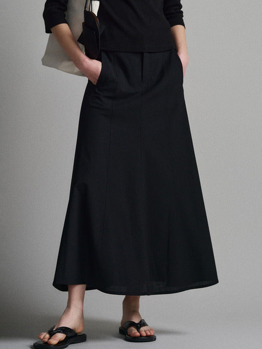 Facade Pattern Summer Wool Maxi Flare Skirt black